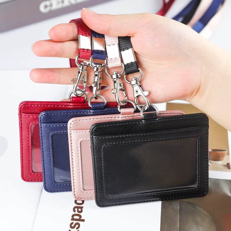 Teskyer Badge Holder with Lanyard, Leather ID Name Badge Card Holder with Lanyard for ID Badges, Horizontal Black - Image 2